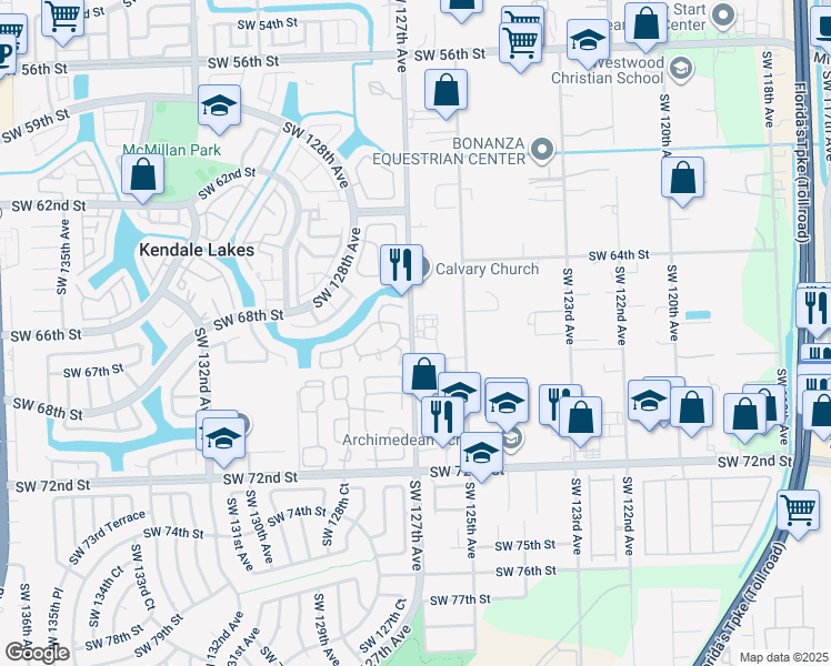 map of restaurants, bars, coffee shops, grocery stores, and more near 6605 Southwest 127th Avenue in Miami