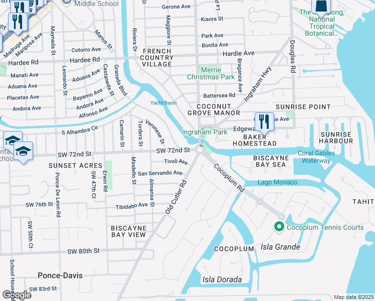 map of restaurants, bars, coffee shops, grocery stores, and more near 410 Sunset Drive in Coral Gables