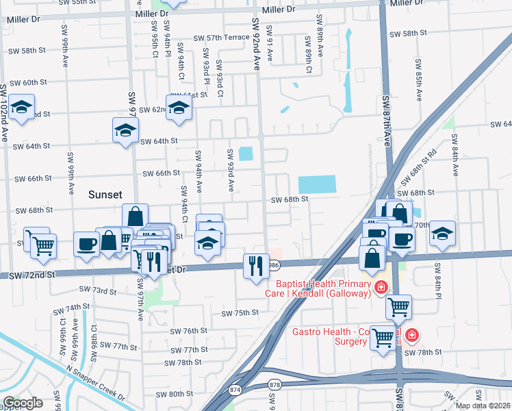 map of restaurants, bars, coffee shops, grocery stores, and more near 9220 Southwest 68th Street in Miami