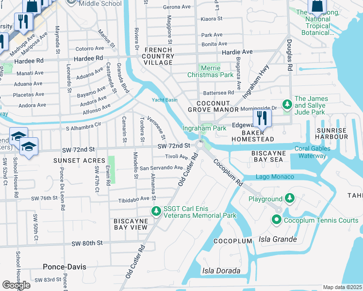 map of restaurants, bars, coffee shops, grocery stores, and more near 7888 Granada Boulevard in Miami