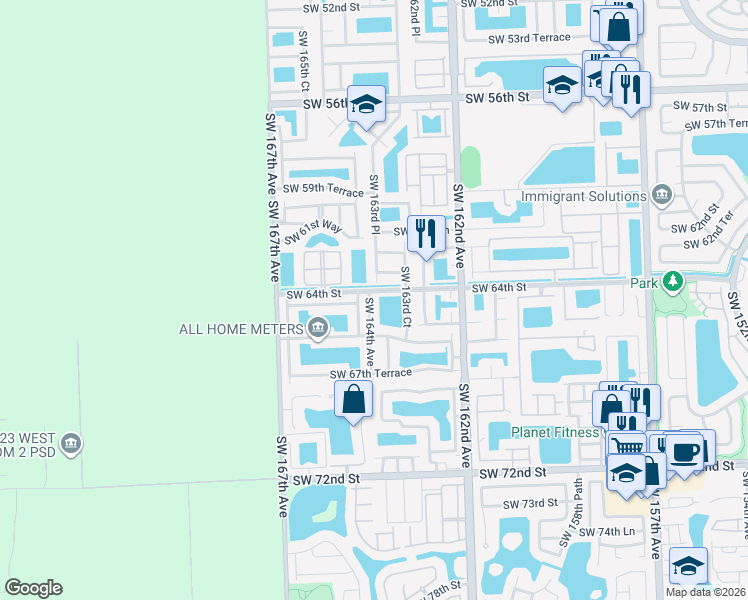 map of restaurants, bars, coffee shops, grocery stores, and more near 6405 Southwest 164th Avenue in Miami