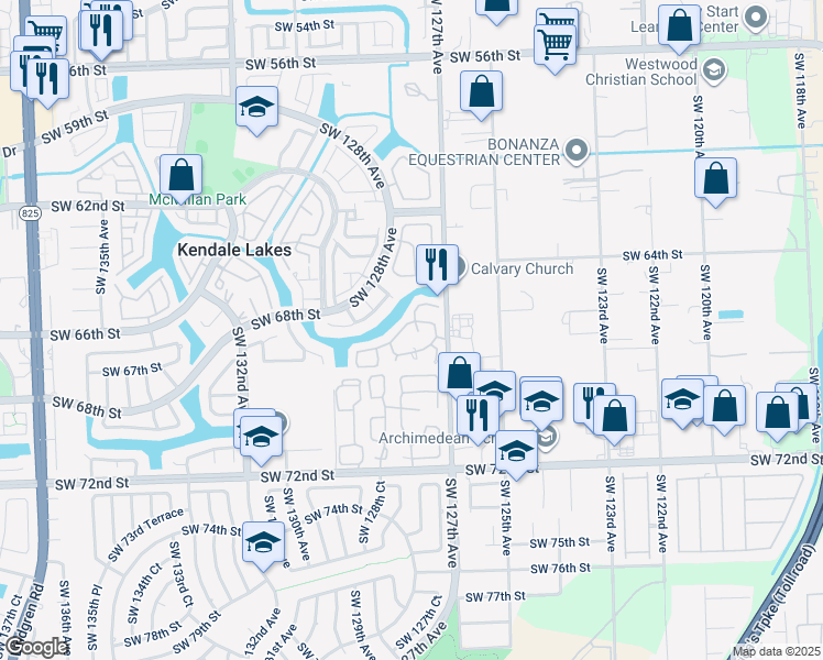 map of restaurants, bars, coffee shops, grocery stores, and more near 6610 Southwest 128th Court in Miami