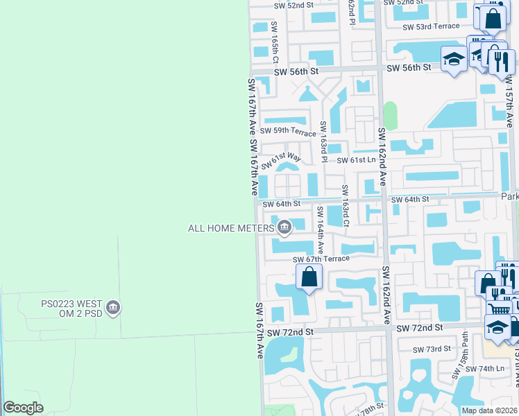 map of restaurants, bars, coffee shops, grocery stores, and more near 6404 Southwest 166th Court in Miami