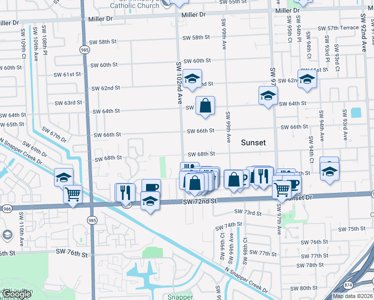 map of restaurants, bars, coffee shops, grocery stores, and more near 10151 Southwest 68th Street in Miami