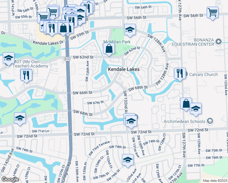 map of restaurants, bars, coffee shops, grocery stores, and more near 13360 Southwest 66th Street in Miami