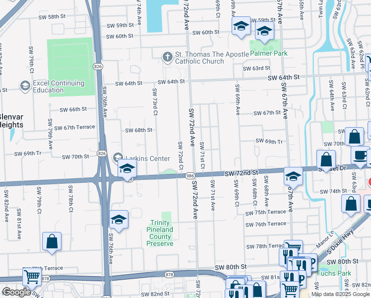 map of restaurants, bars, coffee shops, grocery stores, and more near 6925 Southwest 72nd Court in Miami