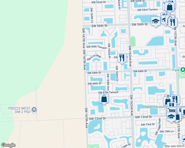 map of restaurants, bars, coffee shops, grocery stores, and more near 16581 Southwest 64th Terrace in Miami