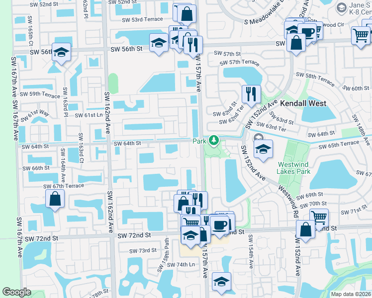 map of restaurants, bars, coffee shops, grocery stores, and more near 6420 Southwest 157th Place in Miami