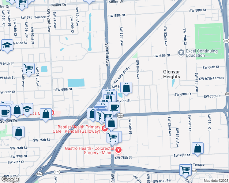 map of restaurants, bars, coffee shops, grocery stores, and more near 6825 Southwest 87th Avenue in Miami