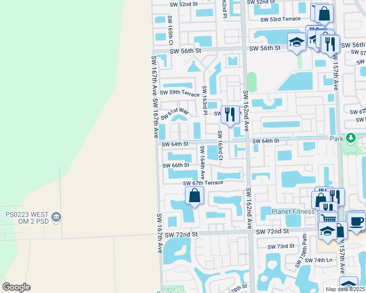 map of restaurants, bars, coffee shops, grocery stores, and more near 16451 Southwest 64th Terrace in Miami