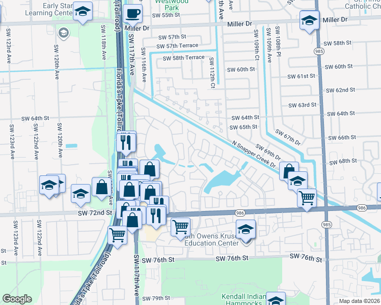 map of restaurants, bars, coffee shops, grocery stores, and more near 6609 Southwest 114th Avenue in Miami