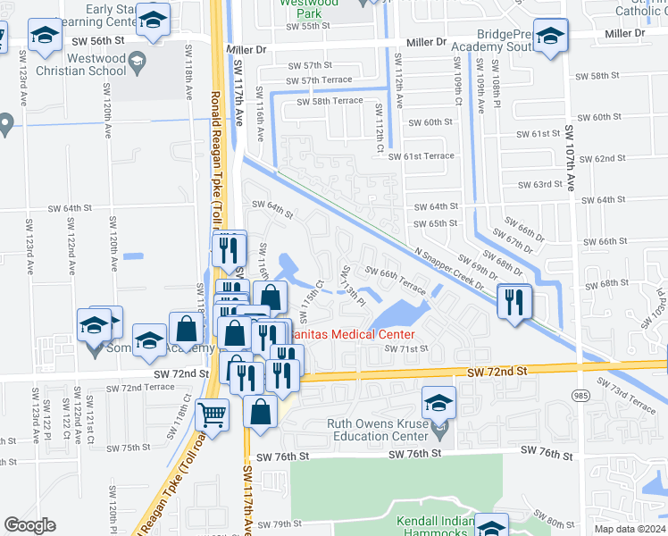 map of restaurants, bars, coffee shops, grocery stores, and more near 6609 Southwest 114th Avenue in Miami