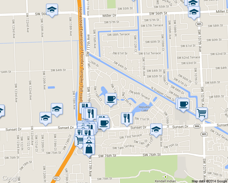 map of restaurants, bars, coffee shops, grocery stores, and more near 6676 Southwest 115th Court in Miami