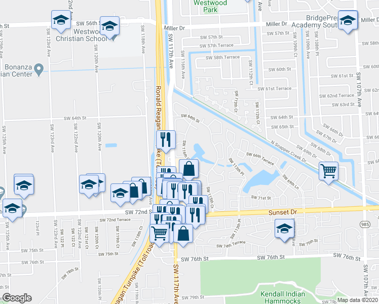 map of restaurants, bars, coffee shops, grocery stores, and more near 6701 Southwest 116th Court in Miami