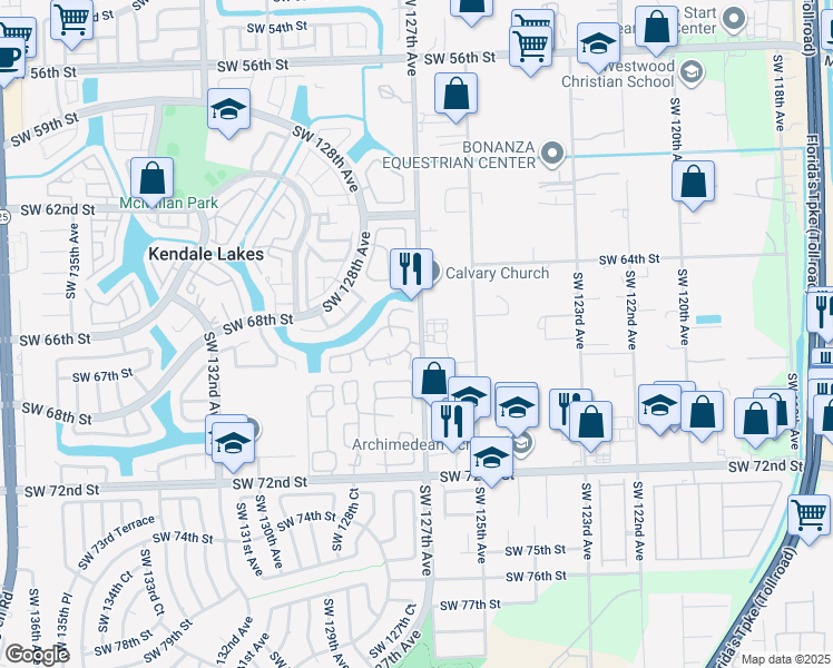 map of restaurants, bars, coffee shops, grocery stores, and more near 6605 Southwest 127th Avenue in Miami