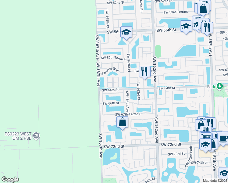 map of restaurants, bars, coffee shops, grocery stores, and more near 16451 Southwest 64th Terrace in Miami