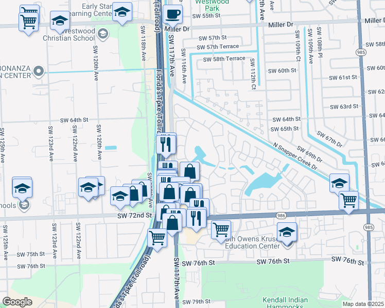 map of restaurants, bars, coffee shops, grocery stores, and more near 6701 Southwest 116th Court in Miami