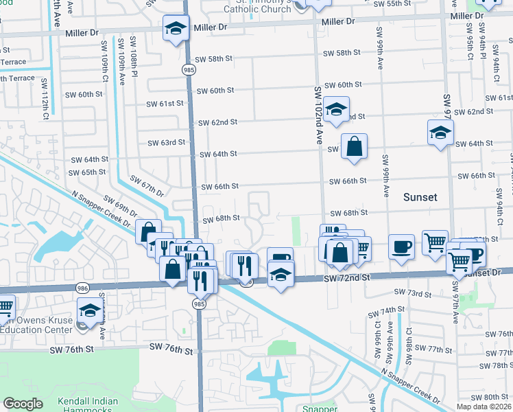 map of restaurants, bars, coffee shops, grocery stores, and more near 10400 Southwest 67th Street in Miami