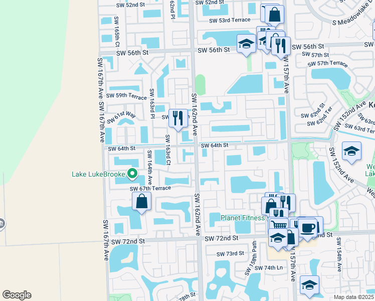 map of restaurants, bars, coffee shops, grocery stores, and more near 6422 Southwest 162nd Court in Miami