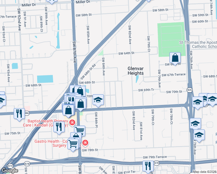 map of restaurants, bars, coffee shops, grocery stores, and more near 6836 Southwest 83rd Place in Miami