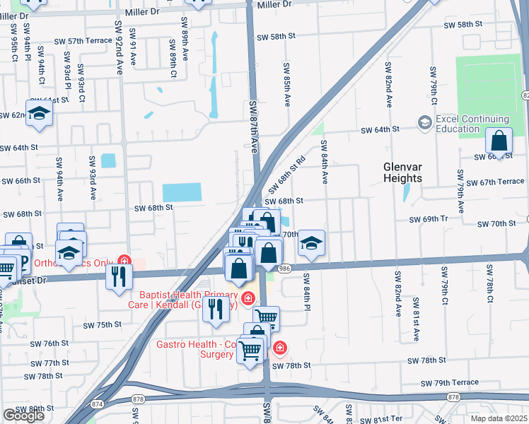 map of restaurants, bars, coffee shops, grocery stores, and more near 6825 Southwest 87th Avenue in Miami