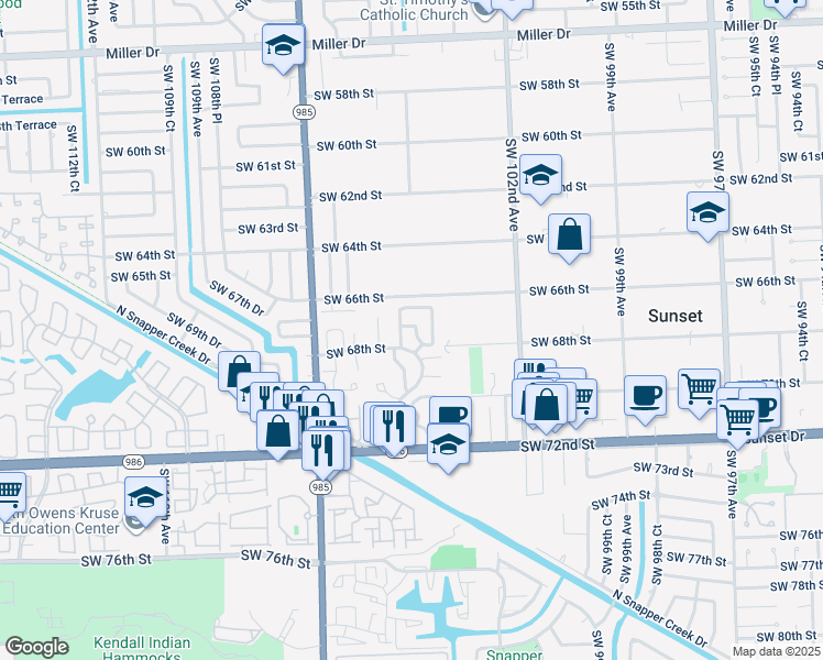 map of restaurants, bars, coffee shops, grocery stores, and more near 10400 Southwest 67th Street in Miami