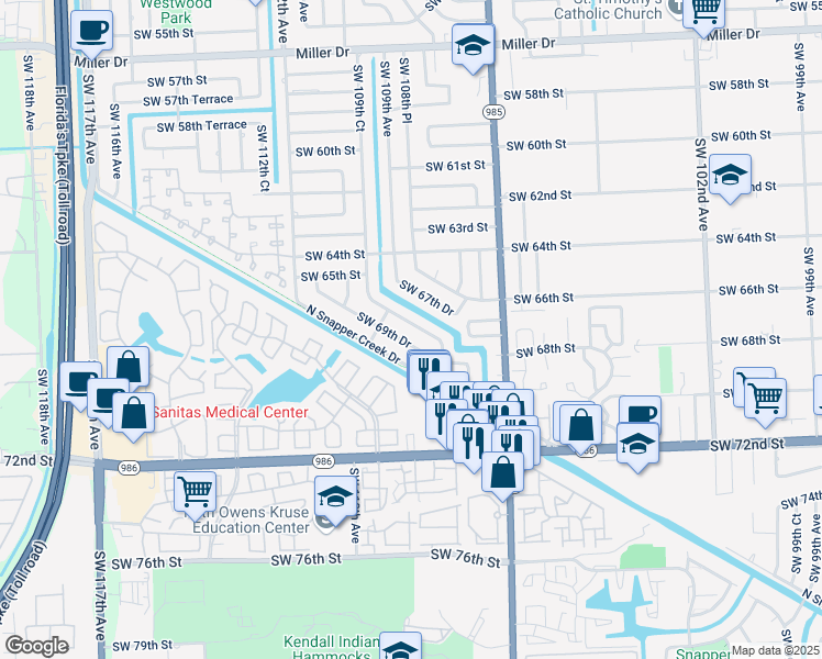 map of restaurants, bars, coffee shops, grocery stores, and more near 10866 Southwest 68th Drive in Miami