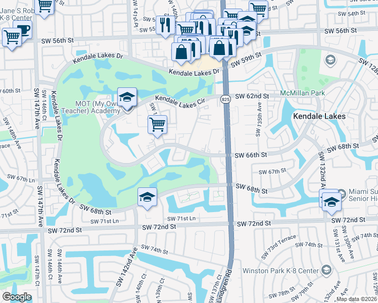 map of restaurants, bars, coffee shops, grocery stores, and more near 6605 SW 138th Ct in Miami