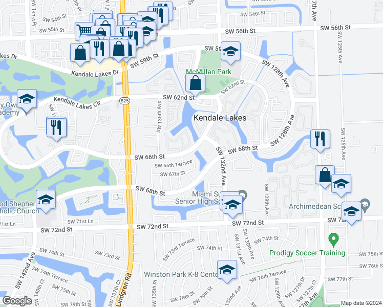 map of restaurants, bars, coffee shops, grocery stores, and more near 13360 Southwest 66th Street in Miami