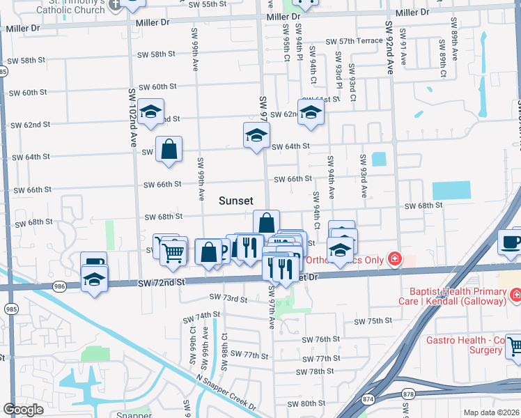 map of restaurants, bars, coffee shops, grocery stores, and more near 9701 Southwest 68th Street in Miami