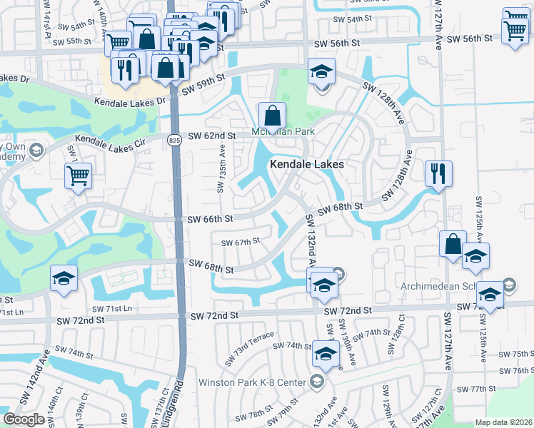 map of restaurants, bars, coffee shops, grocery stores, and more near 13360 Southwest 66th Street in Miami