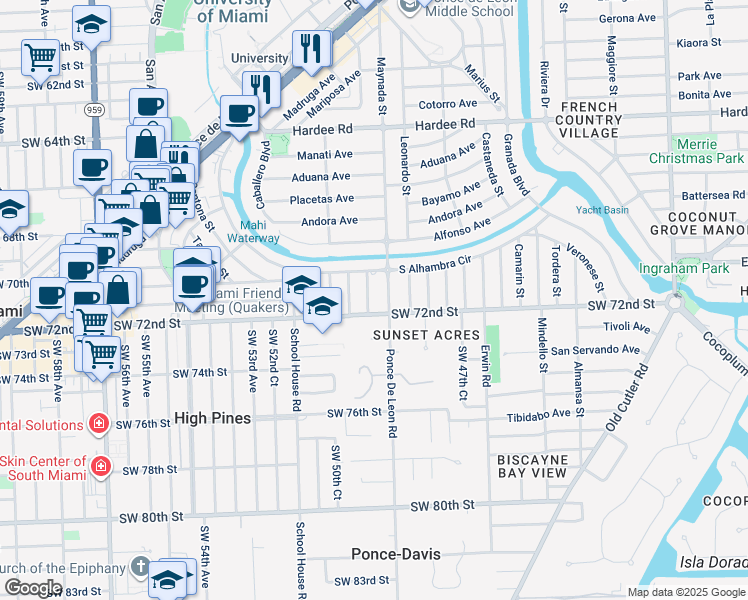 map of restaurants, bars, coffee shops, grocery stores, and more near 6907 Pallazzo Street in Coral Gables