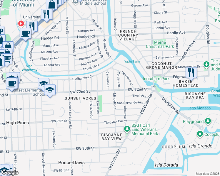 map of restaurants, bars, coffee shops, grocery stores, and more near 629 Sunset Road in Coral Gables