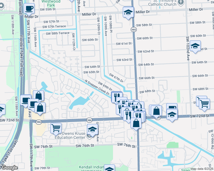 map of restaurants, bars, coffee shops, grocery stores, and more near 10900 Southwest 69th Drive in Miami