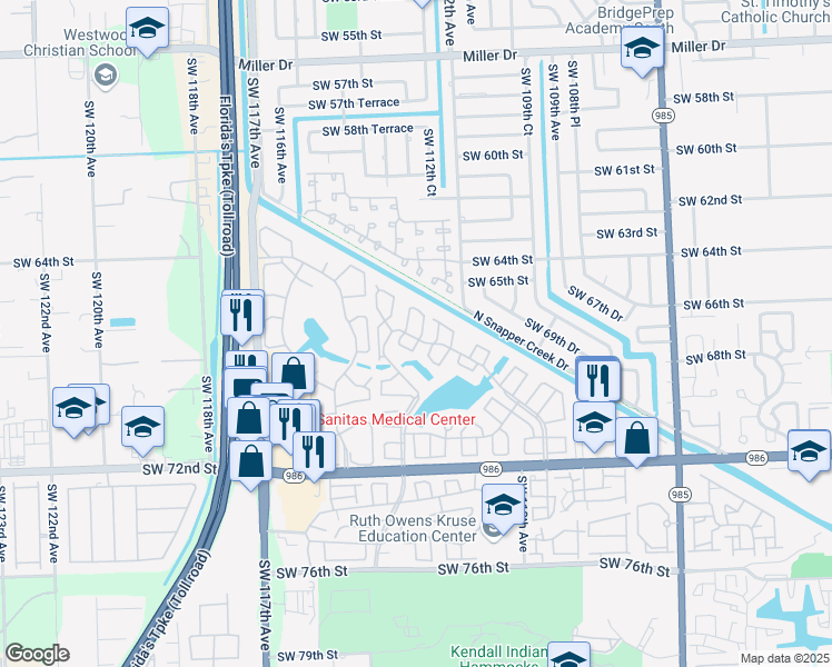 map of restaurants, bars, coffee shops, grocery stores, and more near 6615 Southwest 113th Avenue in Miami