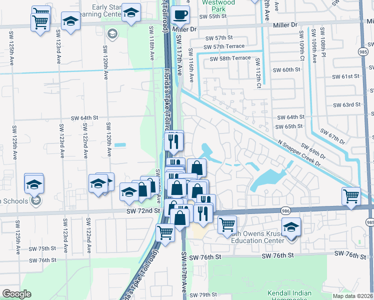 map of restaurants, bars, coffee shops, grocery stores, and more near 6609 Southwest 116th Place in Miami