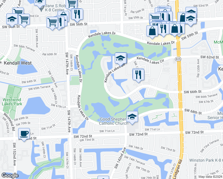 map of restaurants, bars, coffee shops, grocery stores, and more near 14203 Southwest 140th Avenue in Miami