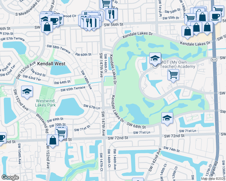 map of restaurants, bars, coffee shops, grocery stores, and more near 6504 Kendale Lakes Drive in Miami