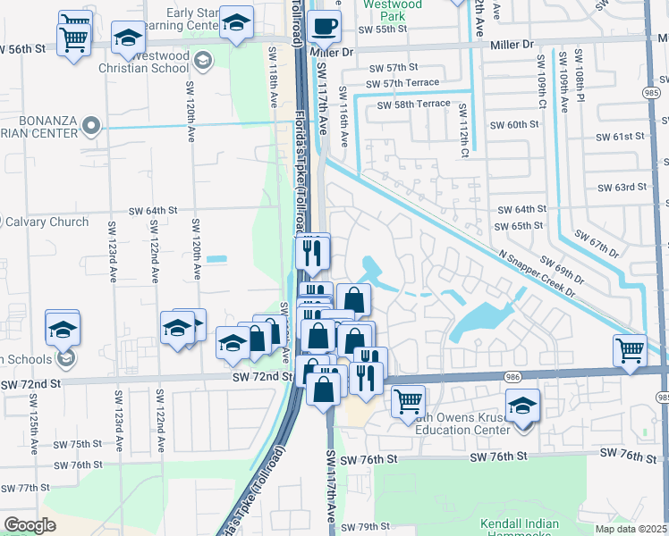 map of restaurants, bars, coffee shops, grocery stores, and more near 6609 Southwest 116th Place in Miami