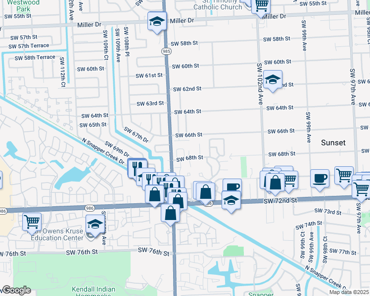 map of restaurants, bars, coffee shops, grocery stores, and more near 10621 Southwest 67th Street in Miami
