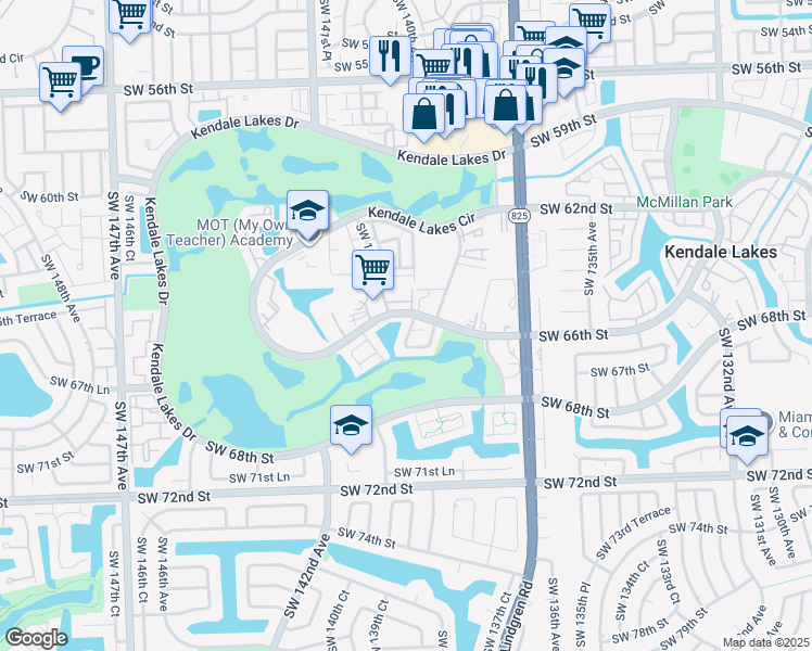 map of restaurants, bars, coffee shops, grocery stores, and more near 6626 Southwest 139th Avenue in Miami
