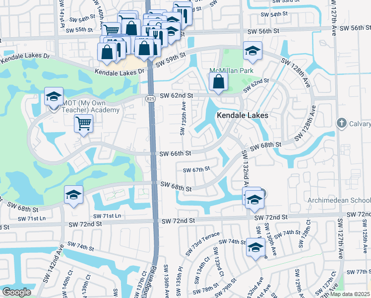 map of restaurants, bars, coffee shops, grocery stores, and more near 13491 Southwest 66th Street in Miami