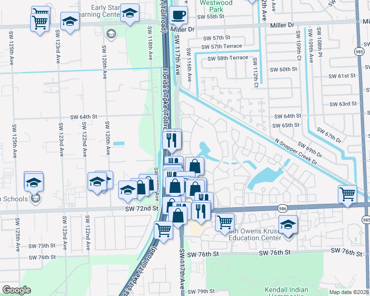 map of restaurants, bars, coffee shops, grocery stores, and more near 6609 Southwest 116th Place in Miami