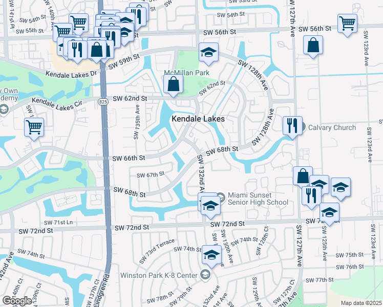 map of restaurants, bars, coffee shops, grocery stores, and more near 13210 SW 67th St in Miami