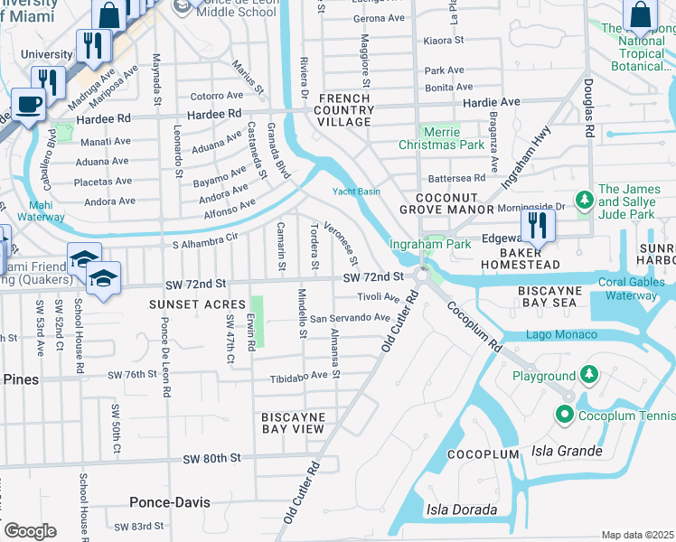 map of restaurants, bars, coffee shops, grocery stores, and more near 6945 Almansa Street in Coral Gables