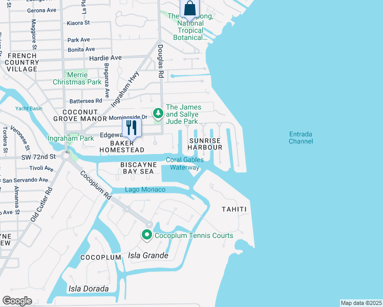 map of restaurants, bars, coffee shops, grocery stores, and more near 6931 Sunrise Place in Coral Gables