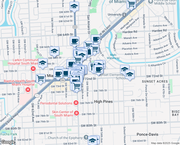 map of restaurants, bars, coffee shops, grocery stores, and more near 1500 San Remo Avenue in Coral Gables