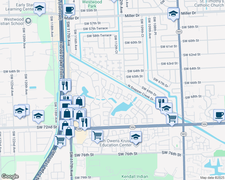 map of restaurants, bars, coffee shops, grocery stores, and more near 6615 Southwest 113th Avenue in Miami