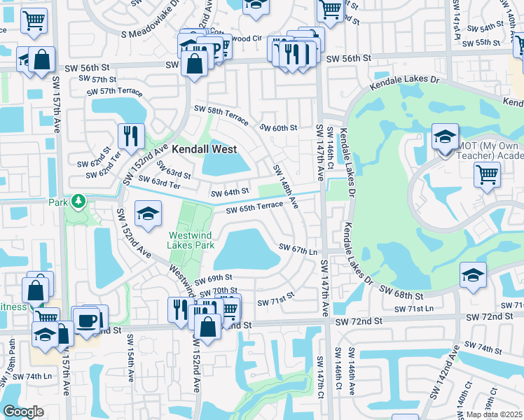 map of restaurants, bars, coffee shops, grocery stores, and more near 14912 Southwest 65th Terrace in Miami