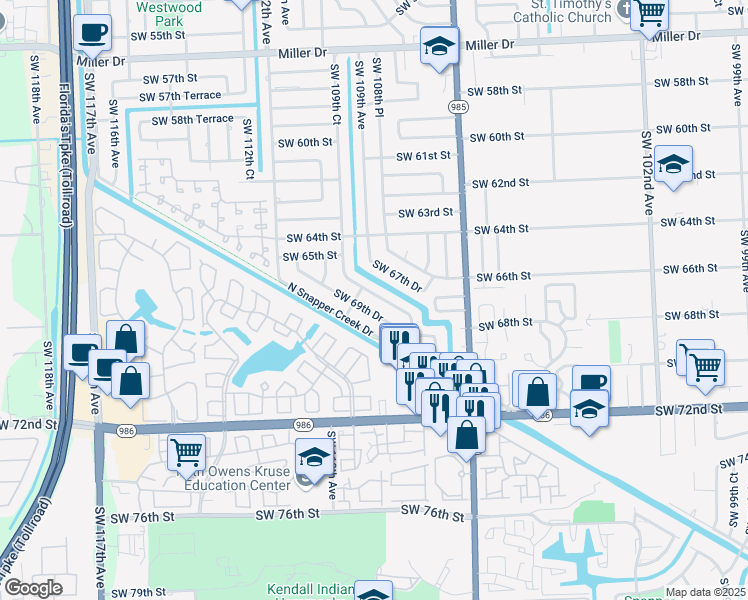 map of restaurants, bars, coffee shops, grocery stores, and more near 10866 Southwest 68th Drive in Miami